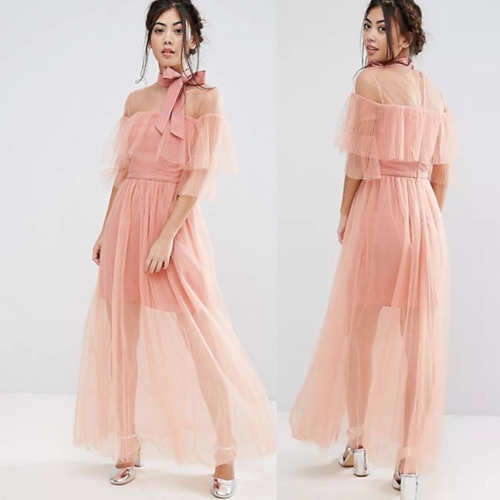 ASOS True Decadence Petite Pleated Mesh Tulle Maxi Dress With Tie Neck Dress